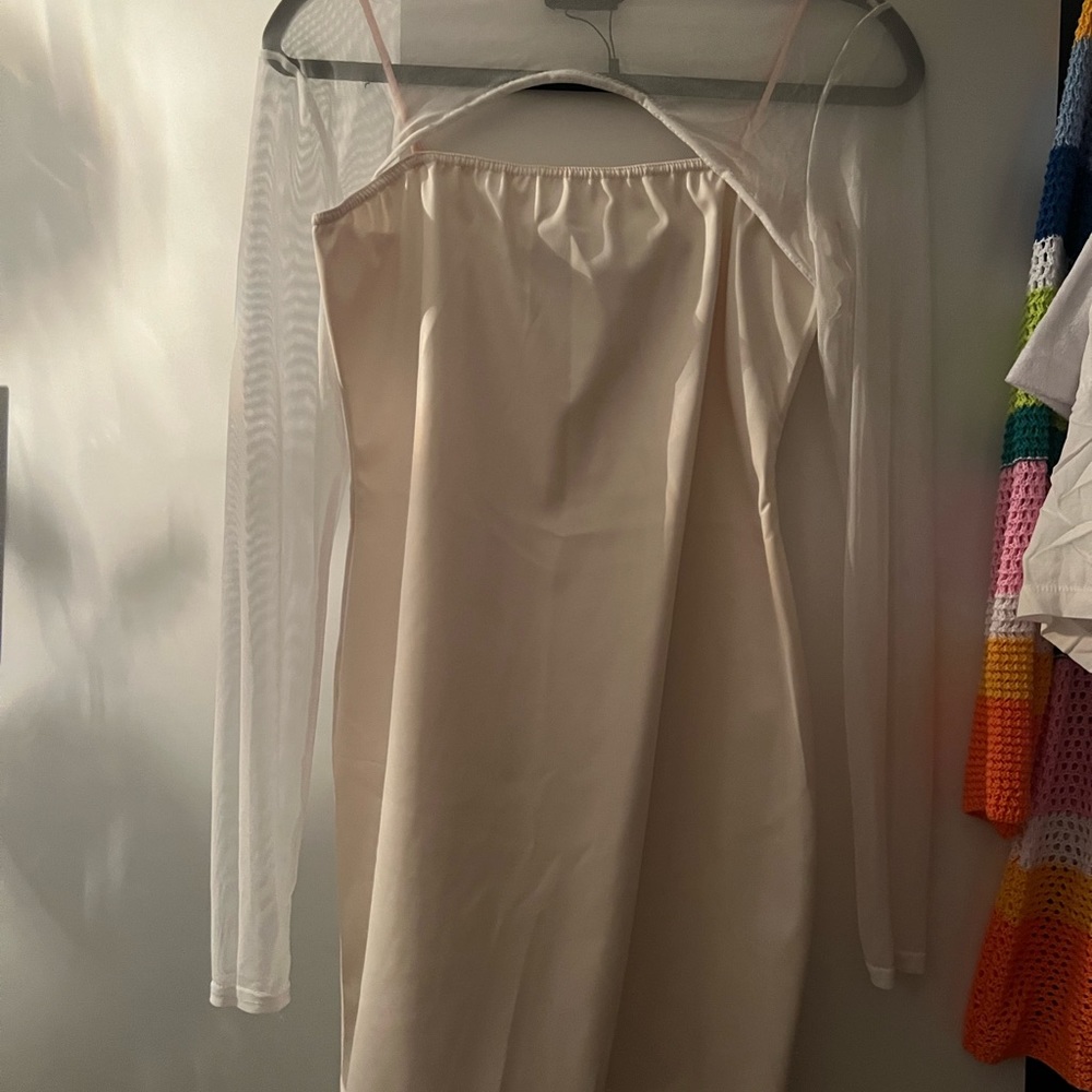 Cream Mesh Layer Spaghetti Strap PU Bodycon Dress